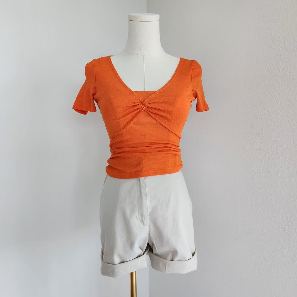 Lucca Orange Twist Front Short Sleeve Stretch Tee Micro Rib Knit Top XS